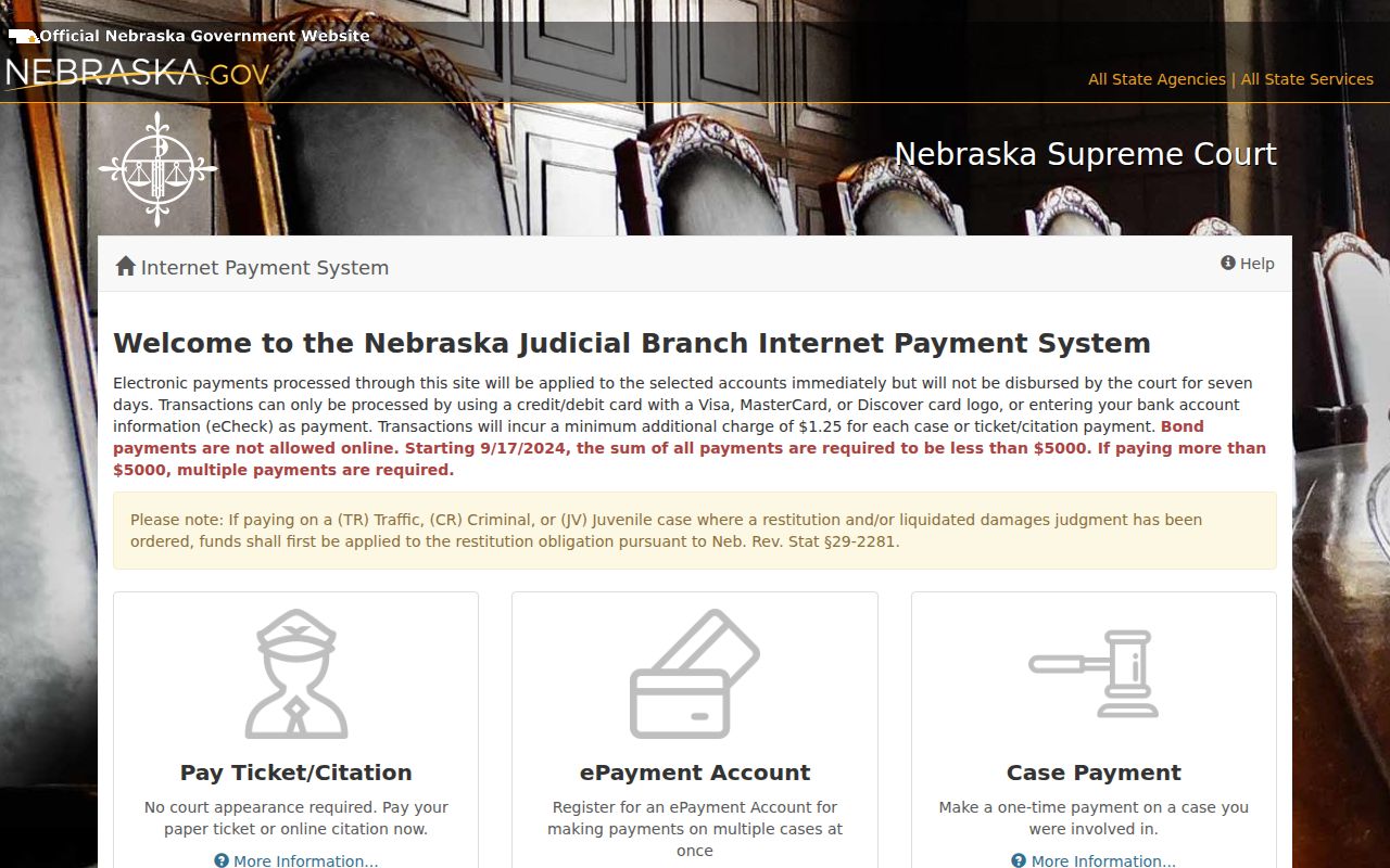 Nebraska court payment page explaining payment methods and the limit on online bond payments