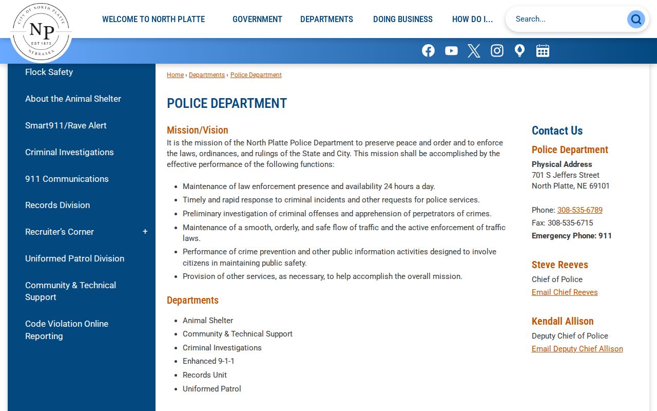 North Platte Police Department page with city contact and public-safety information