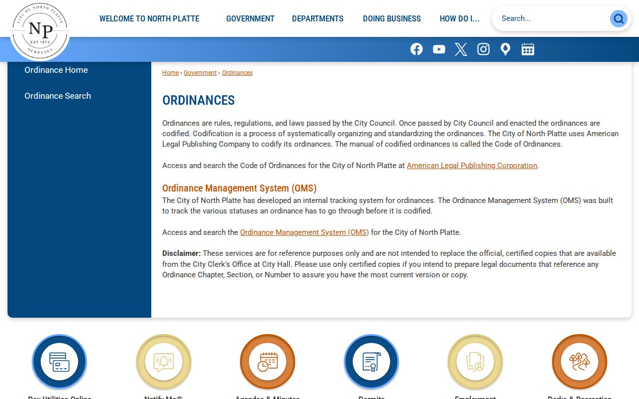 North Platte online code page with an informational version notice
