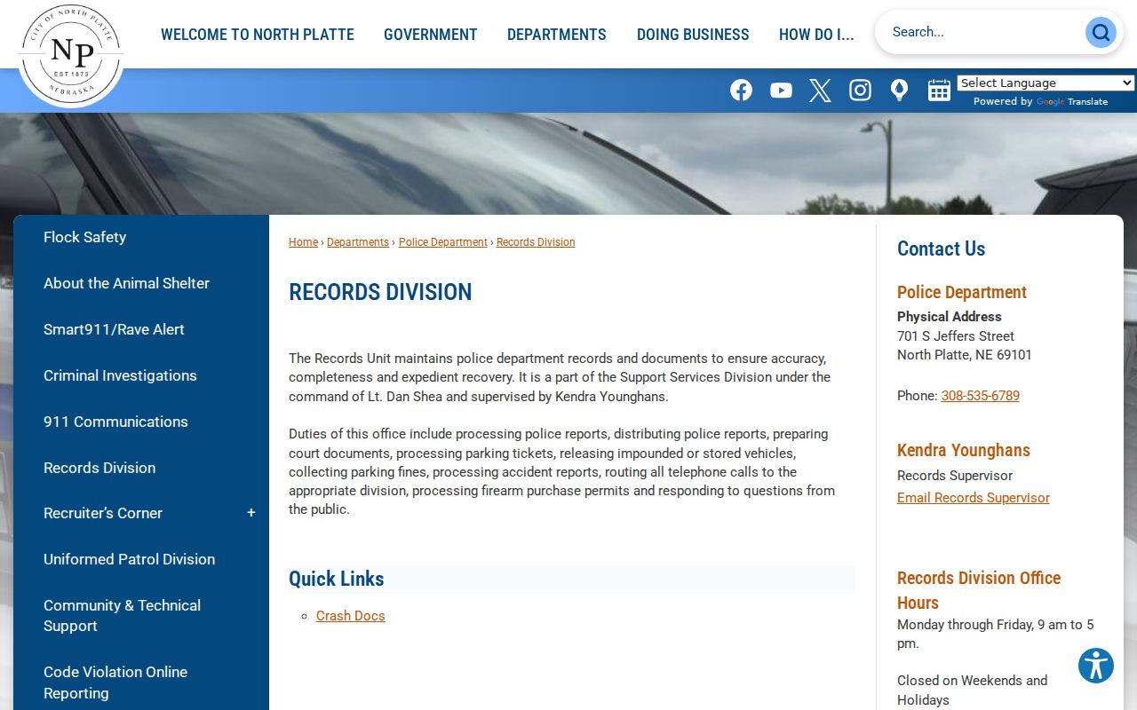 North Platte Police Records page describing police reports, court documents, tickets, and fines