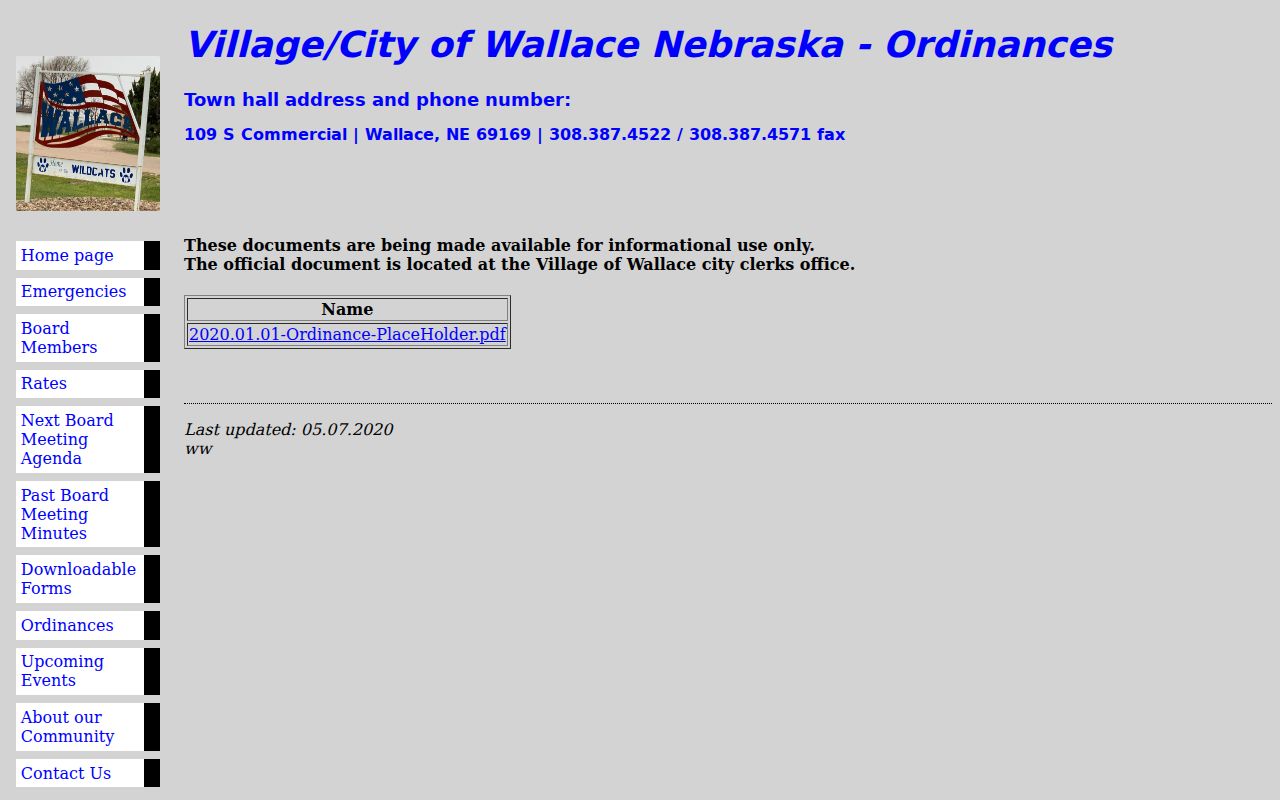 Wallace official ordinances page showing Town Hall contact and official-copy information