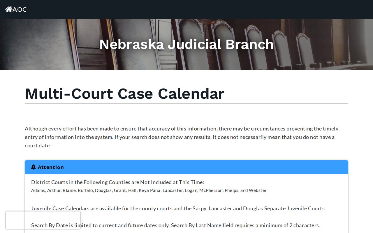 Nebraska Multi-Court Case Calendar with County Court and District Court choices for Lincoln County
