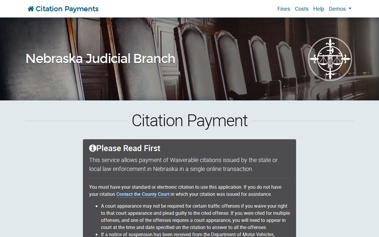 Nebraska citation payment page warning that online payment does not recall an existing warrant